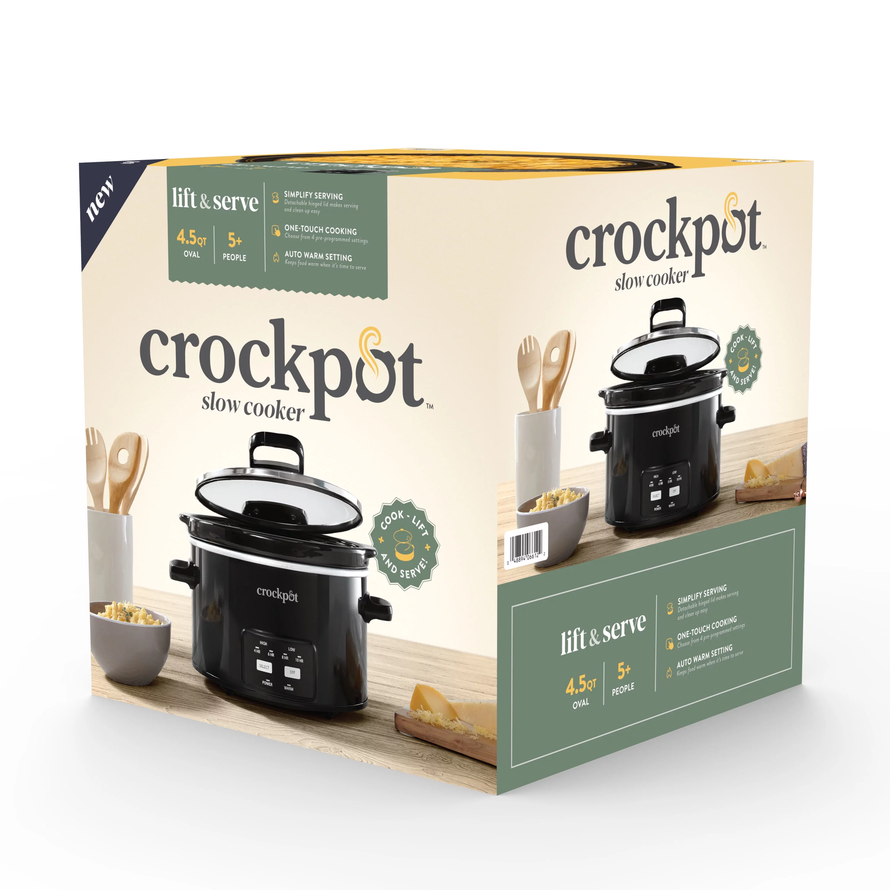 Crock-Pot 4.5-Quart Lift & Serve Hinged Lid Slow Cooker, One-Touch Control, Black