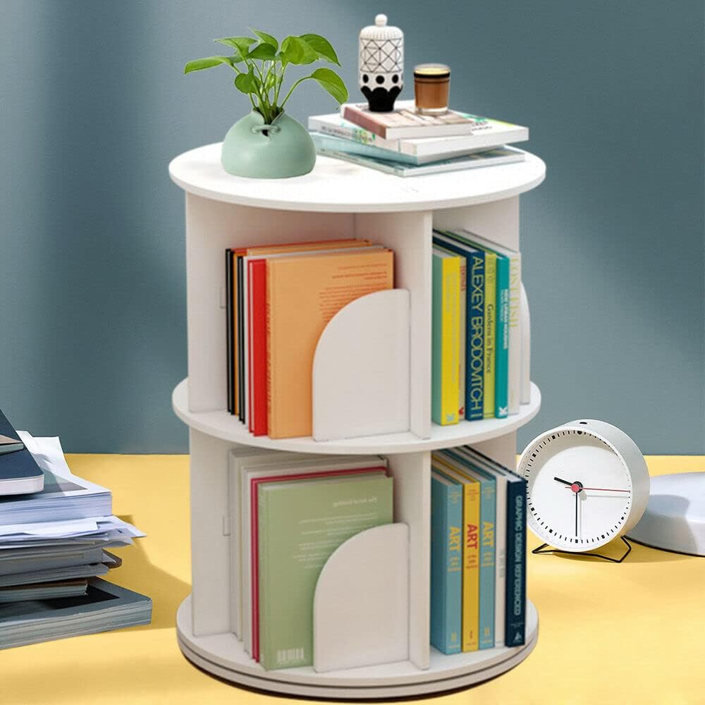 Rotating Bookshelf, 2 Tiers Freestanding Storage Shelf, 360° Rotating White Bookshelf Round Bookcase Magazines A4 Papers Organizer, for Home Office Living Room 15.7x15.7x23.6in, White 2 Tiers