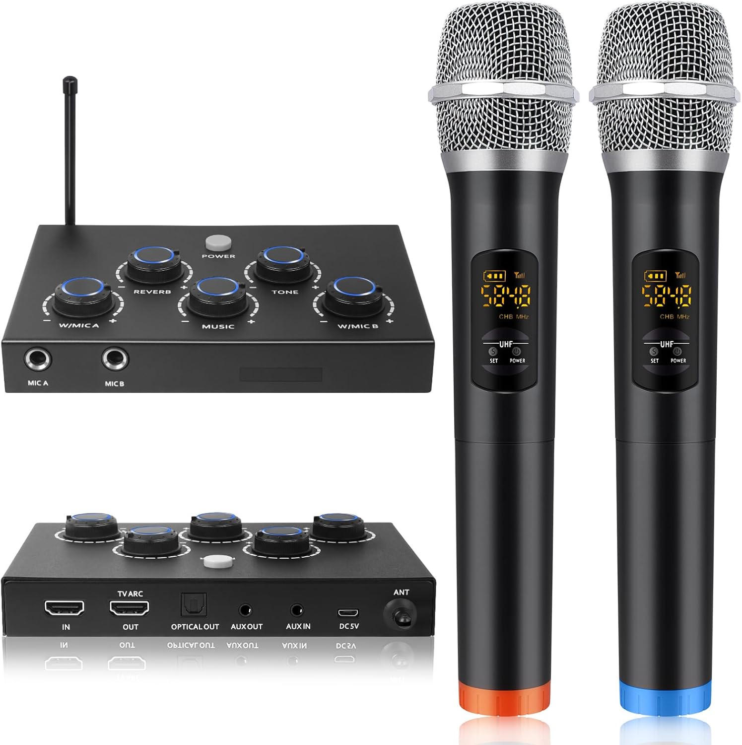 Karaoke Microphone Wireless System, Portable Karaoke Microphone Mixer System with 16 Channels UHF Wireless Microphone, Optical AUX Microphone Speaker for Smart TV, PC, Amplifier, Speaker, KTV