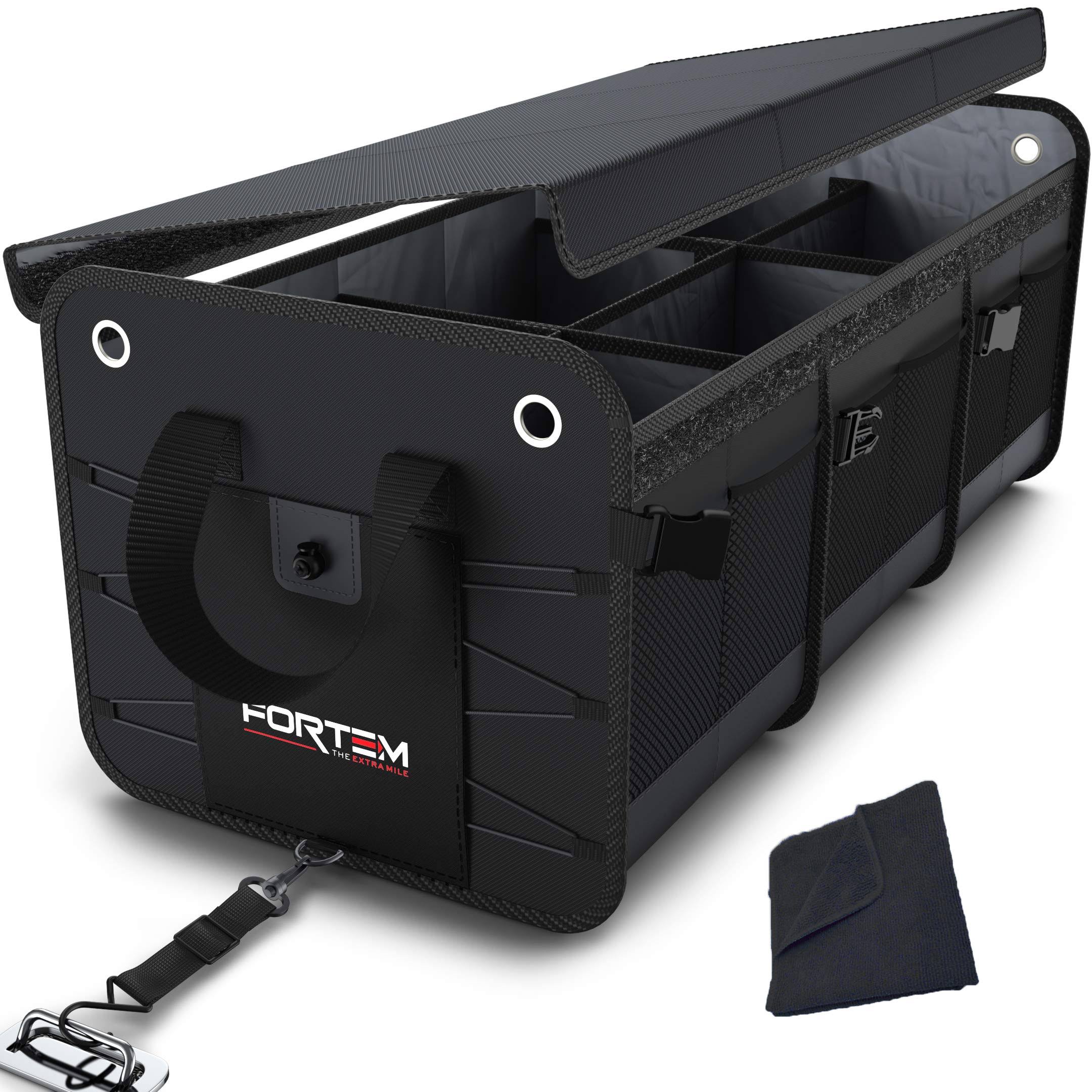 Fortem Car Trunk Organizer, Foldable COVER, Non-Slip Waterproof Bottom, Straps, Cargo Storage (3 Compartments, Black)