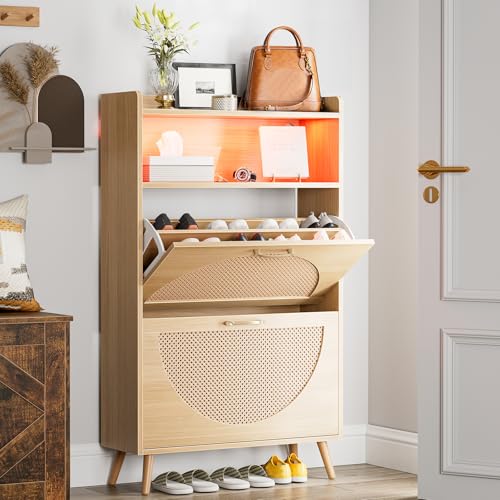 LED Rattan Shoe Storage Cabinet with 2 Flip Drawers,Freestanding Narrow Shoe Organizer Rack Slim Wood for Entryway,Foyer,Hallway,Living Room,Natural