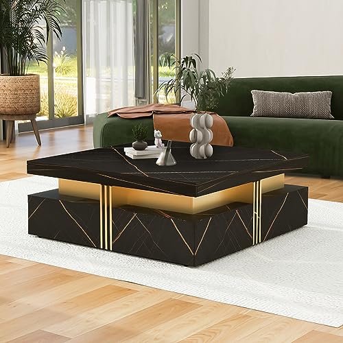 39.4'' Square Coffee Table, Marble Veneer Coffee Table Sliding Top with Storage, Wood Coffee Table Cocktail Table with 4 Hidden Storage Compartment for Living Room Home Office (Walnut * 147)