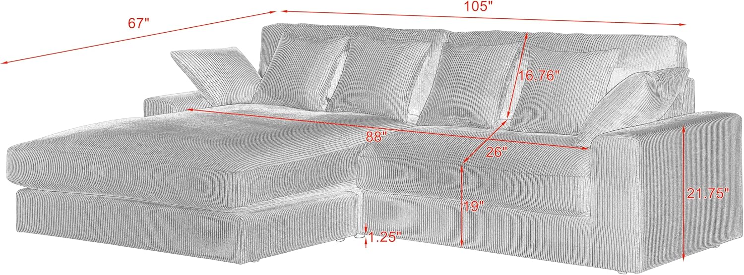 Feather Filled Deep Seat Reversible Sectional Sofa with Extra Wide Chaise Lounge , L Shaped Oversized Corduroy Upholstered Corner Couch Convertible Sleeper Sofabed 3 Pieces Sets for Living Room Office