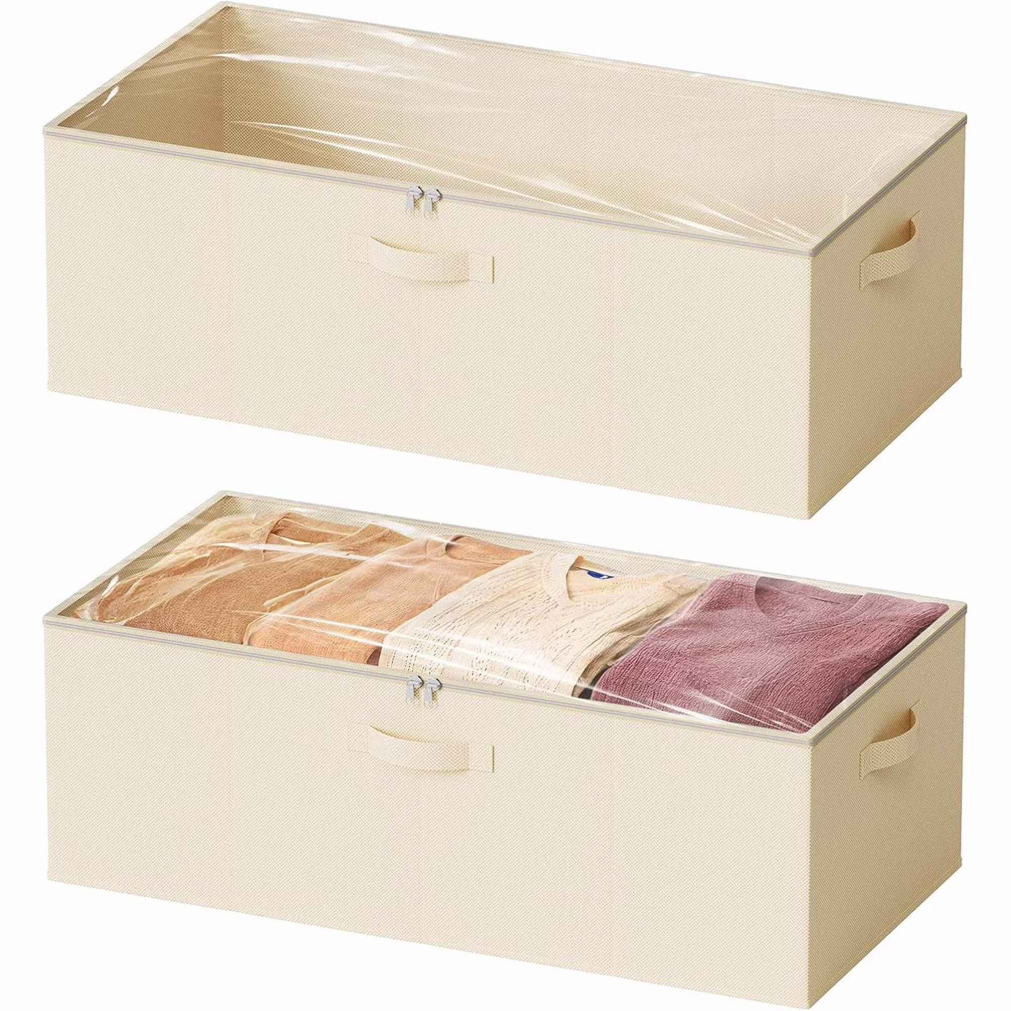 2 Pack 10 High Under Bed Storage Containers, Large Underbed Storage Organizer Bins with Lids for Bedroom, Dorm, Clothes, Closet Organization, Bed Sheets and Blankets (Beige)