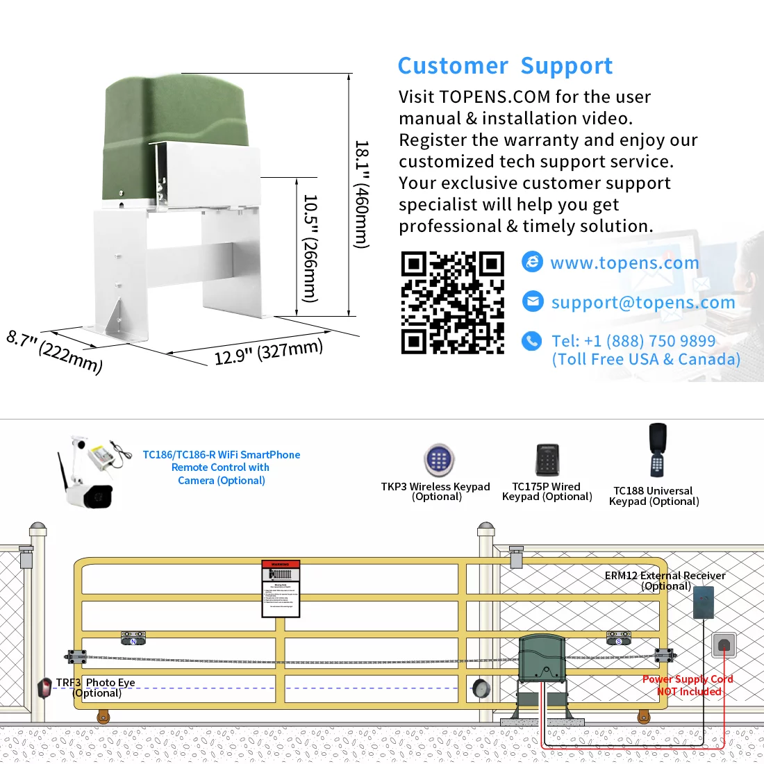 TOPENS CK700 Automatic Sliding Gate Opener Chain Drive Electric Gate Motor for Heavy Driveway Slide Gates Up to 1600 Pounds, Security Gate Operator AC Powered with 20ft Roller Chain and Remote Control