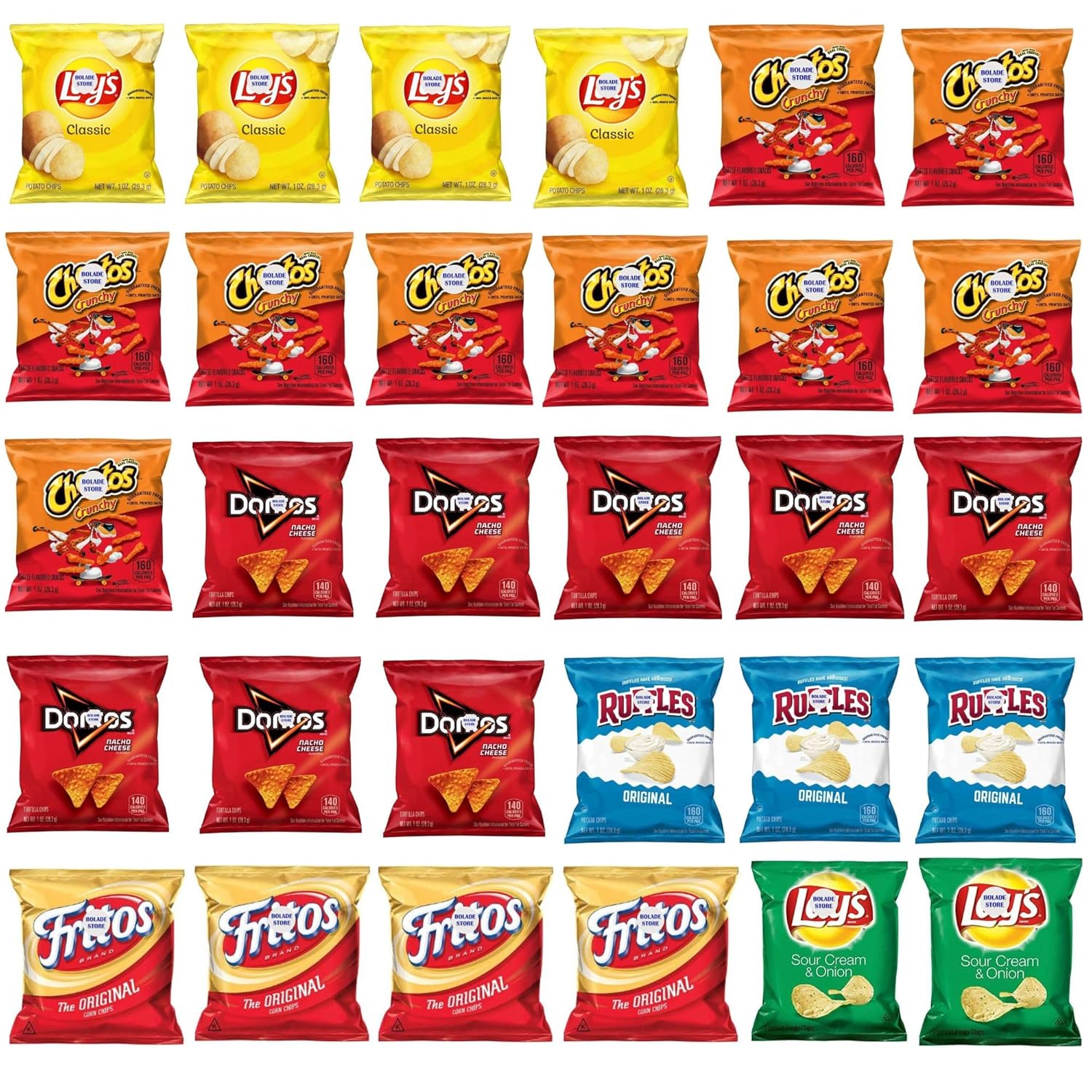 Frito'Lay Chips Variety Pack-1oz Bag Potato Chips-30 Pack Variety Chips; Lays Potato Chips Crunchy Chetos, Doriitos Tortilla Chips, Friitos Corn Chips, Rufles & Lays Sour & Cream Potato Chips & Crisps