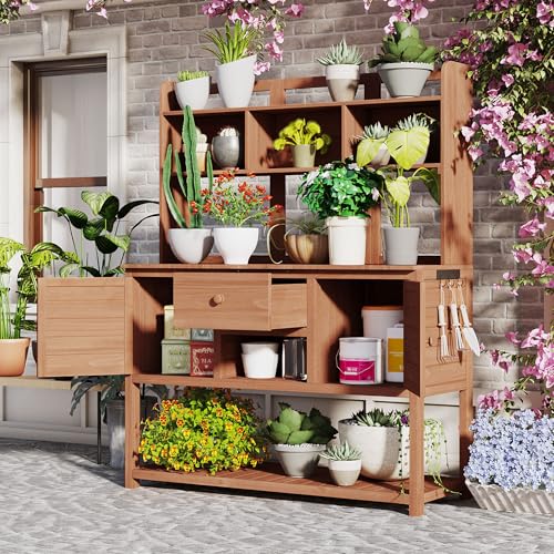 Outdoor Wooden Potting Bench Table – Farmhouse Garden Workstation with Drawers, Cabinet & Storage Shelves, Large Fir Wood Work Table for Patio, Backyard, Mudroom, Greenhouse (Light Brown, 66''H)