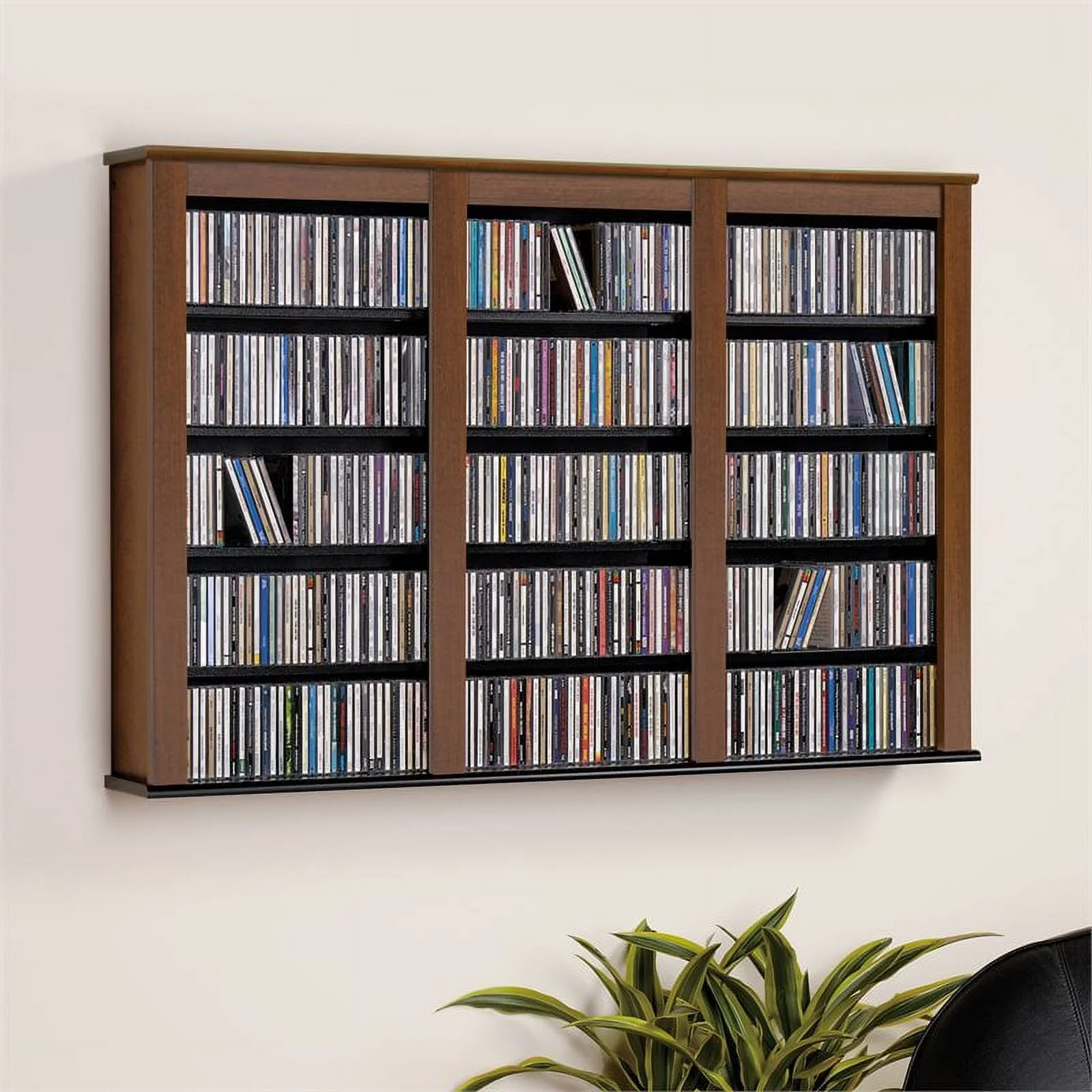 Bowery Hill Triple Floating Media Wall Storage in Cherry and Black