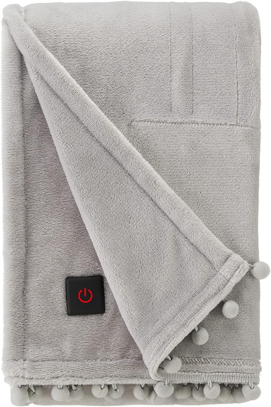 Brookstone Home Decor - Soft Plush Electric Heated Throw - Built-In Remote with 4 Heat Settings & Auto Shut Off Machine Washable - For Women & Men Fashion Pom Poms Living Room Boho Decor (Soft Silver)