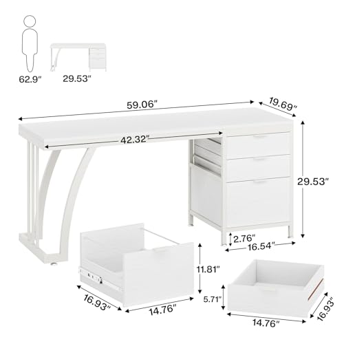 Tribesigns Computer Desk with 3 Drawers, 59-Inch PC Desk with Reversible Drawers, Industrial Study Writing Table Workstation with File Storage for Home Office, White