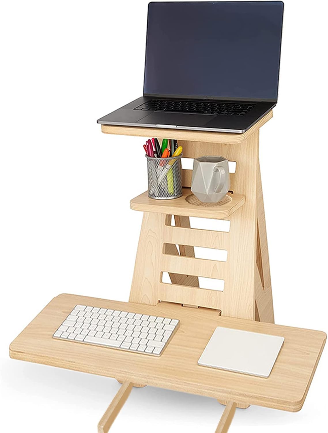 Wooden Standing Desk Converter - Adjustable Height Sit Stand Workstation for Office and Home, Table Top Wood Portable