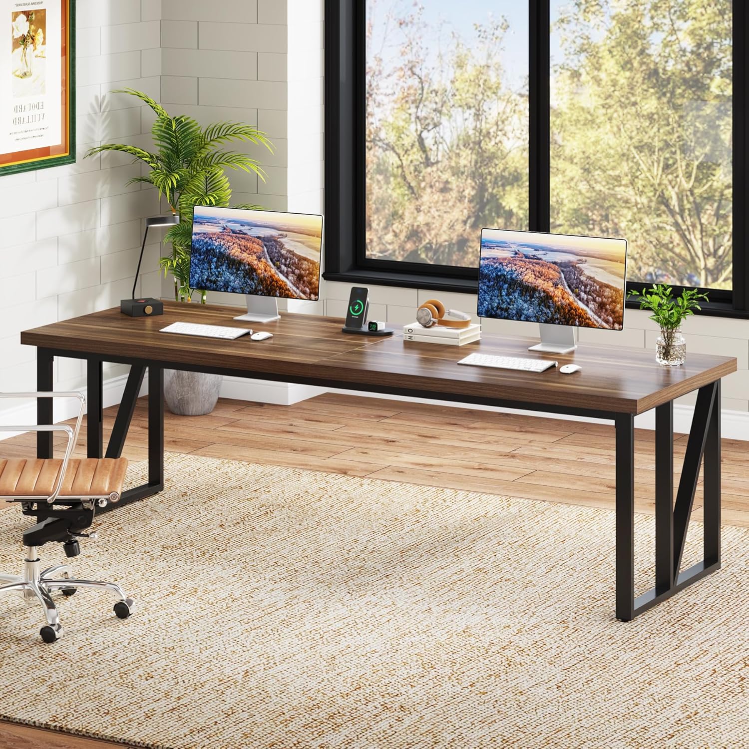 Tribesigns 2 Person Computer Desk: 78.7 Inches Extra Long Double Desk, Large Wood Home Office Desk, Industrial Craft Study Writing Table, Workstation Office Business Furniture, Brown