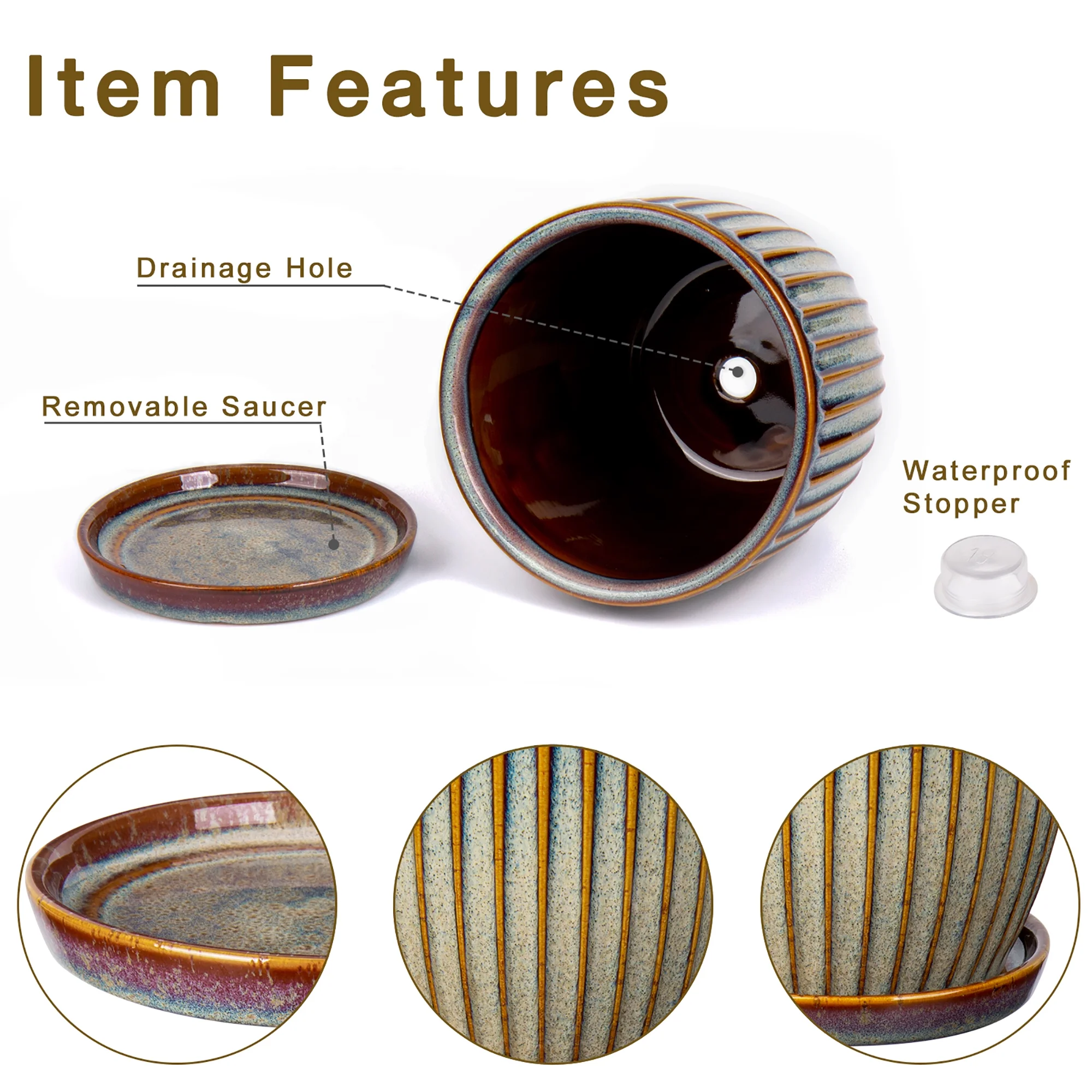 2 Pcs Ceramic Pots 4.9 &5.7 inch Plant Flowers Pots with Saucer and Drainage Holes Brown(Plants are NOT Included)