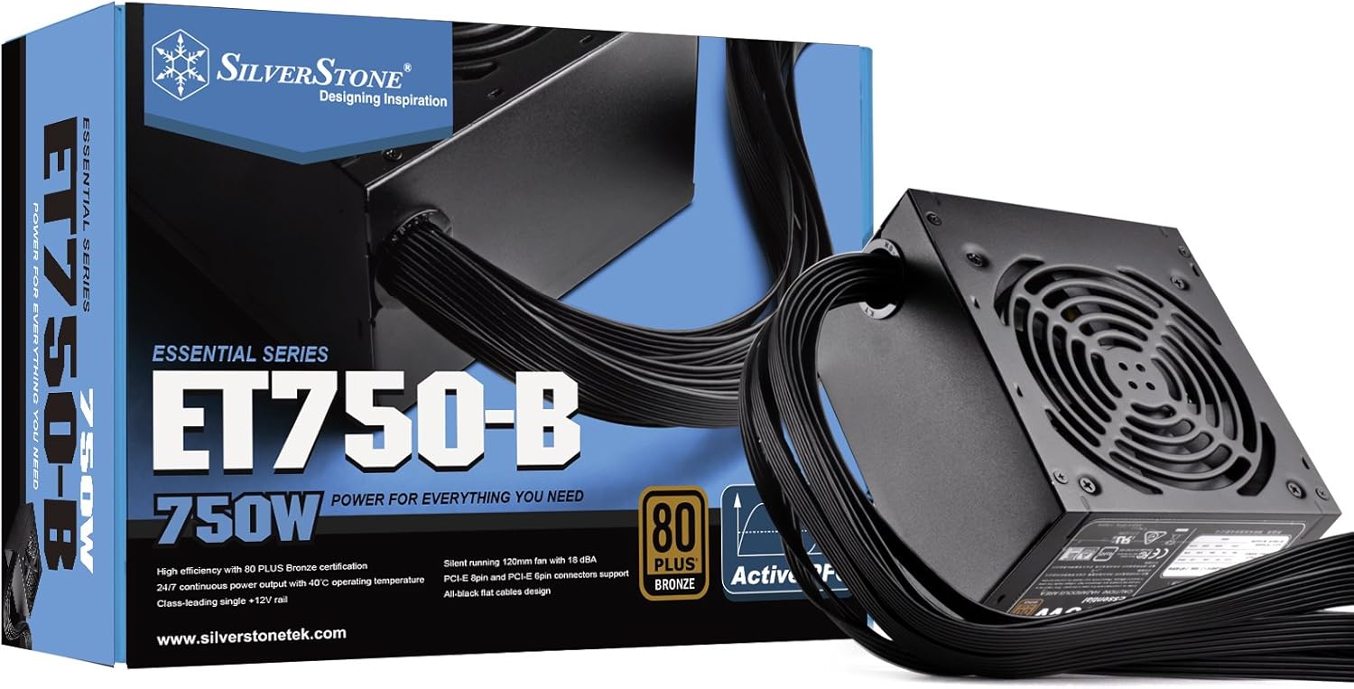 SilverStone Technology SST-ET750-B Watt 80 Plus Bronze Fixed Cable Computer Power Supply with All Flat Black Cables