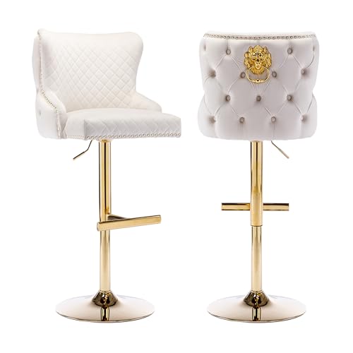 Velvet Barstools Set of 2, Counter Height Adjustable Swivel Barchairs with Golden Lion Head Ring, Thicken Padded Tufted Backrest Chrome Nailhead Trim Bar Stools for Kitchen(Beige)