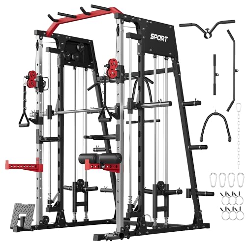 Smith Machine for Home Gym, 2200LBS Heavy Duty Power Cage with Dual Pulley System, All-in-One Cable Crossover Machine for Home Gym with Weight Storage & Multi-Functional Training Stations