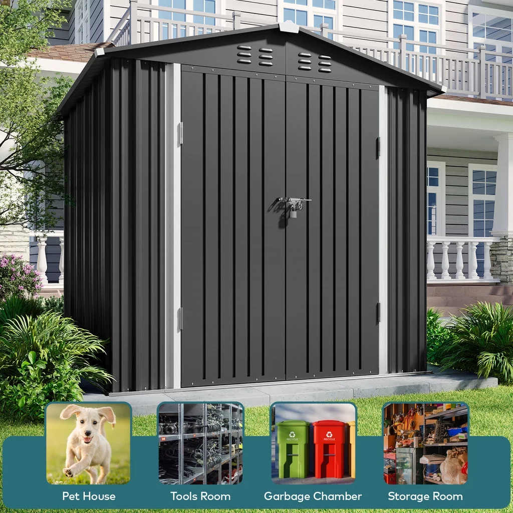 Aiho 8' x 6' Shed, Outdoor Storage Shed with Metal Base Frame & Air Vent & Lockable Doors for Garden and Backyard - Gray - Curated Treasures Market