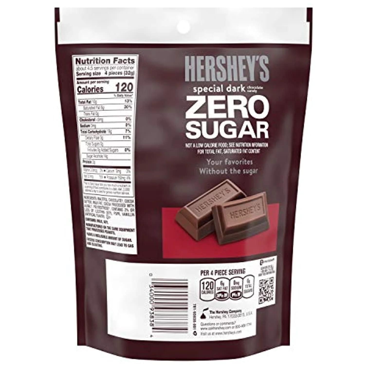 Hersheys Special Dark Zero Sugar Chocolate Sugar Free Candy, Individually Wrapped, 5.1 Oz Pouch