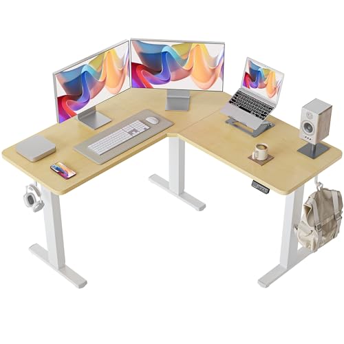 FEZIBO L Shaped Standing Desk, Electric Stand up Height Adjustable Home Office Table, Sit Stand Desk, White Top