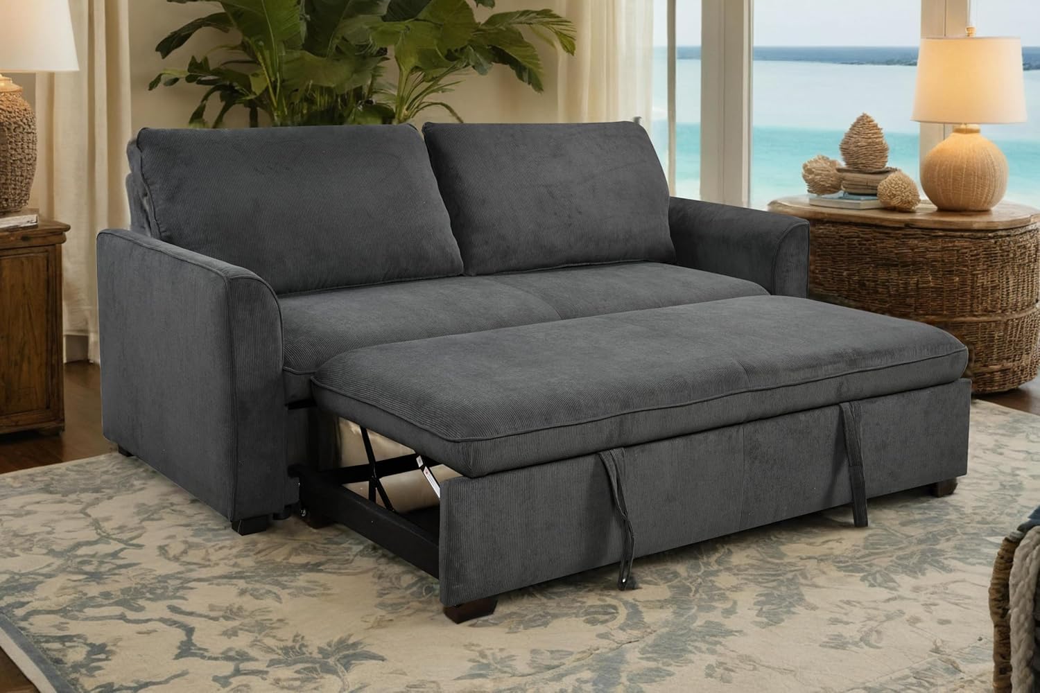 Queen Size Convertible Sleeper Sofa Bed - 78-Inch Comfortable Pull-Out Loveseat for Small Spaces, RVs, and More - Beige (Dark Grey)