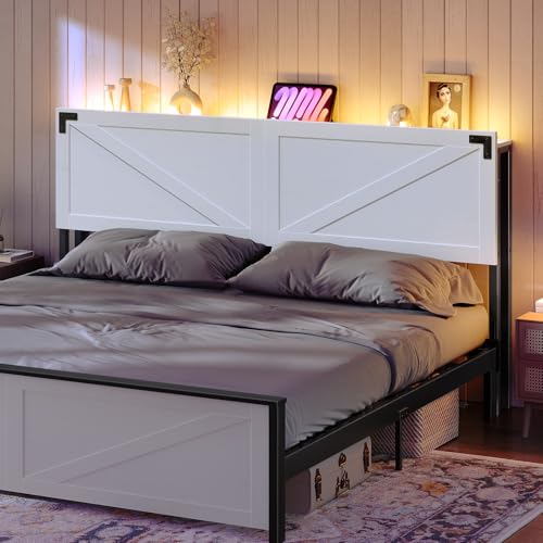 Queen Size Headboard Only, Headboard with 2 Outlets and 4 USB Ports, Farmhouse Headboard, with LED Lights, Secure Storage with Raised Fence, with Bed Frame Adapter, White and Black