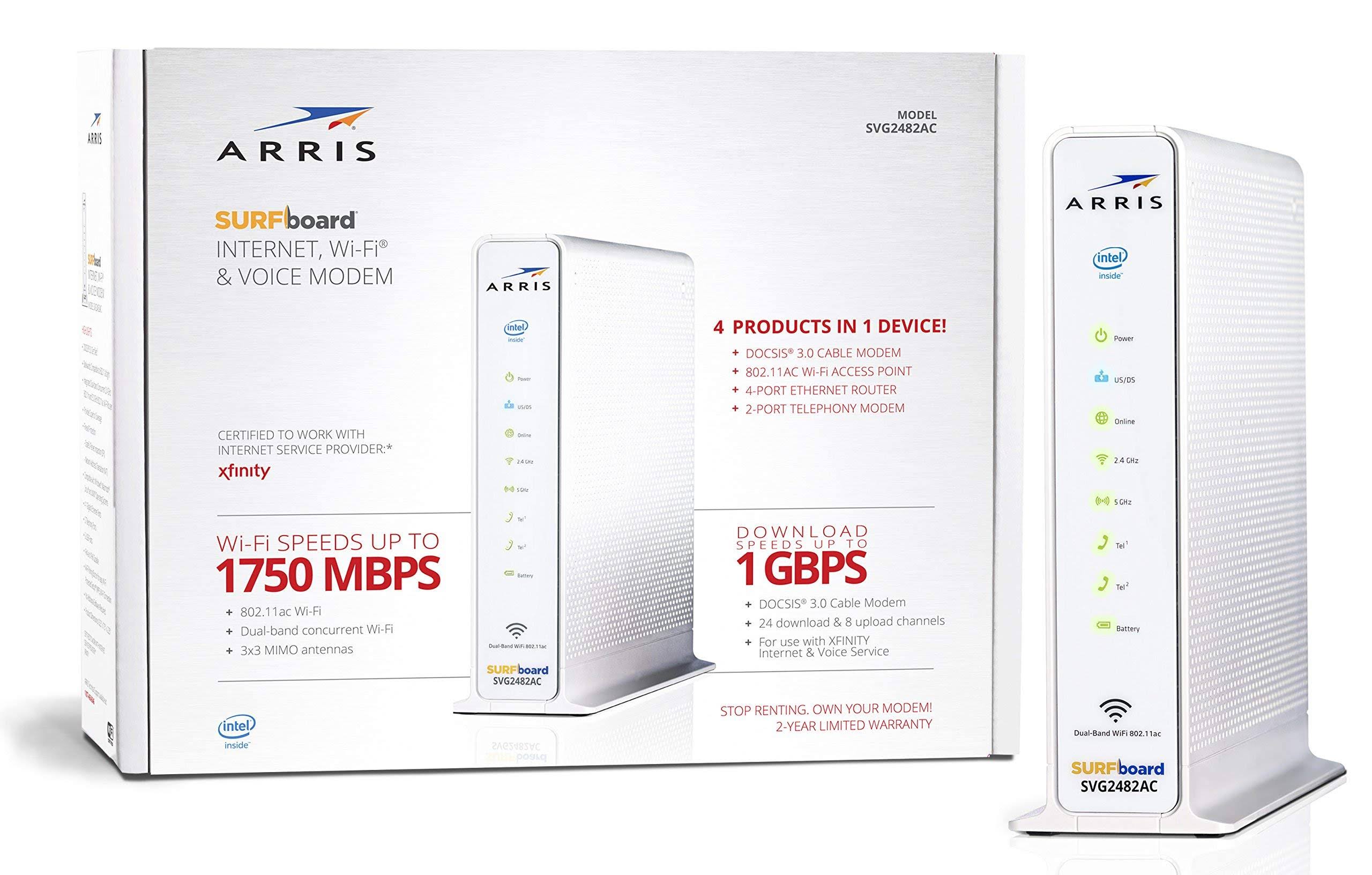 ARRIS Surfboard (24x8) Docsis 3.0 Cable Modem Plus Ac1750 Dual Band Wi-Fi Router and Xfinity Telephone, 1 Gbps Max Speed, Certif