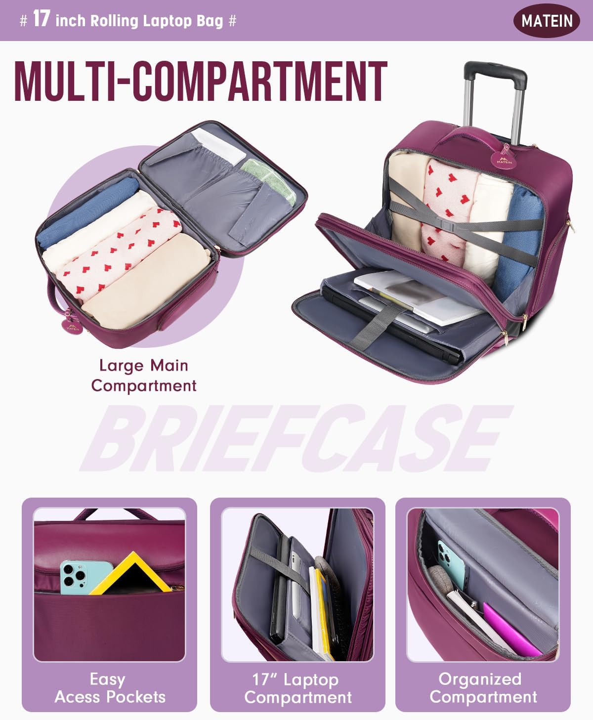 MATEIN Rolling Briefcase for Women, Large 17 Inch Laptop Travel Bag with Wheels & 3 Packing Cubes, Carry On Business Luggage Office Roller Computer Case Suitcase for Teacher College Work, Purple
