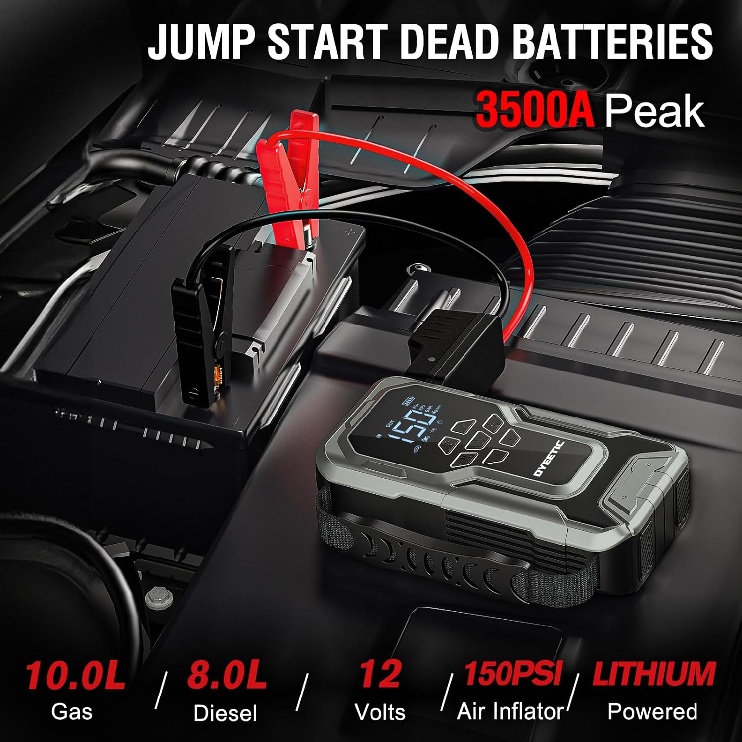 Car Jump Starter with Air Compressor, 3500A 12V Lithium Battery Jump Box with 150PSI Tire Inflator for Up to 10.0L Gas & 8.0L Diesel, Portable Power Bank with 3 Modes LED Light Jumper Pack