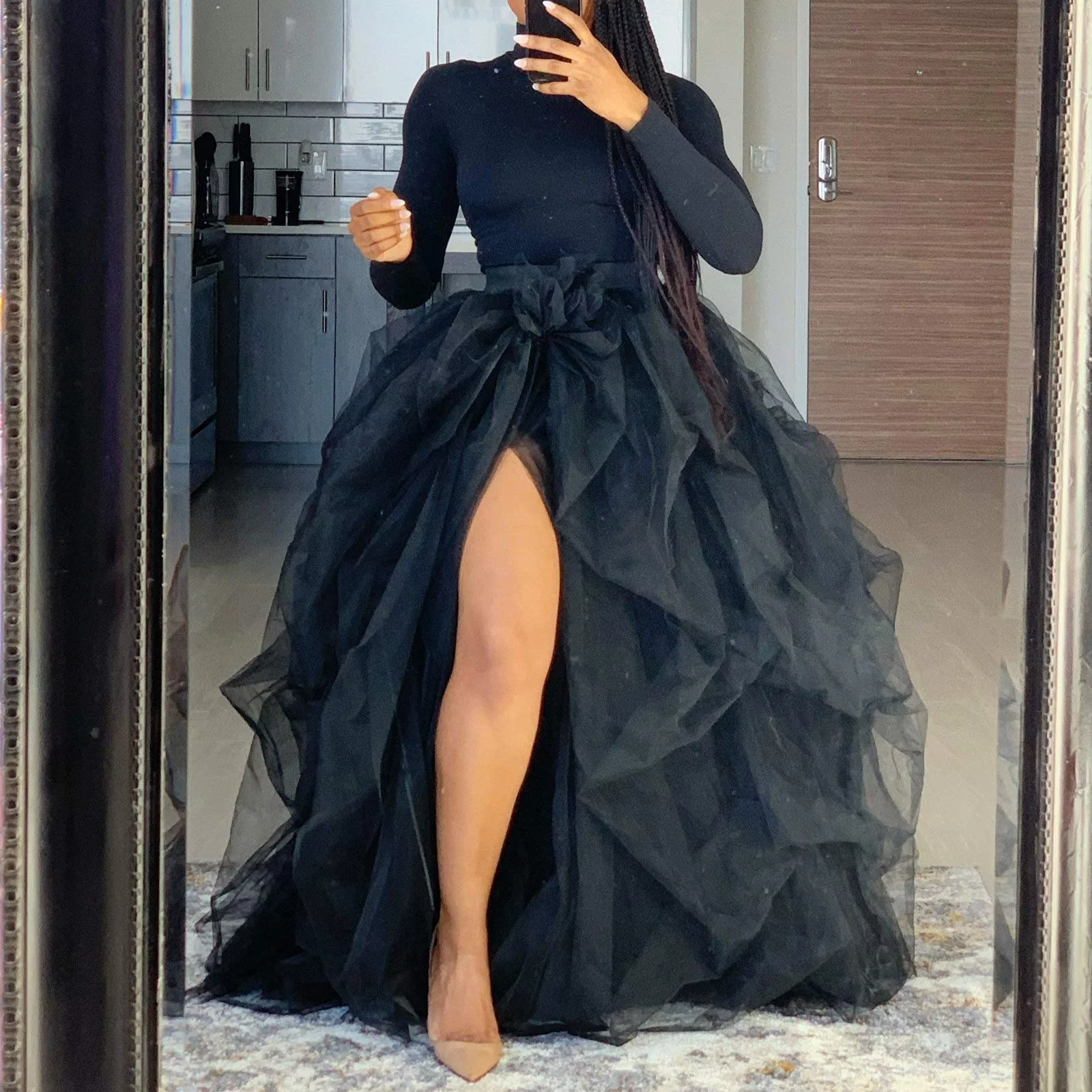 Women Maxi Tulle Tutu Skirt Layered High Waist A-Line Puffy Skirt with Slit for Evening Out Party