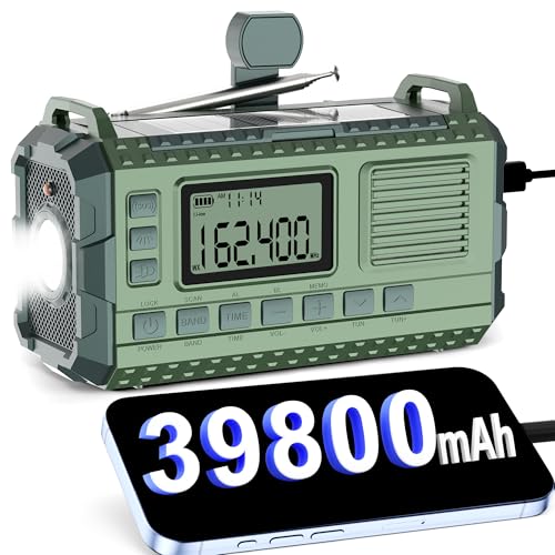 Emergency Weather Radio - AM/FM/NOAA Hand Crank Radio with 15W Fast Charge, 39800mAh Portable Solar Power Bank, Multi-Function Flashlight & SOS Alarm for Outdoor Indoor Emergencies (Green)
