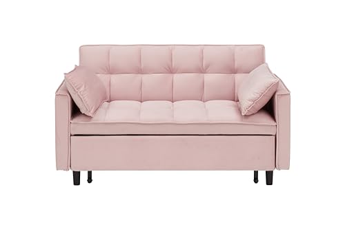 3 in 1 Convertible Sleeper Sofa Bed, Modern Velvet Loveseat with Adjustable Backrest and Side Pocket, Futon Couch with Pull Out Bed, Love Seat Lounge Sofa with 2 Pillows, for Living Room,Beige