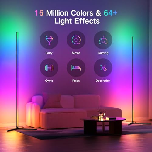 OUTON Smart LED Floor Lamp RGB, 2 Pack Color Changing Corner Lamp with APP and Remote Control, 16 Million DIY Colors, Music Sync, 64+ Scene, Timer Setting, Standing Lamp for Living Room Bedroom Gaming