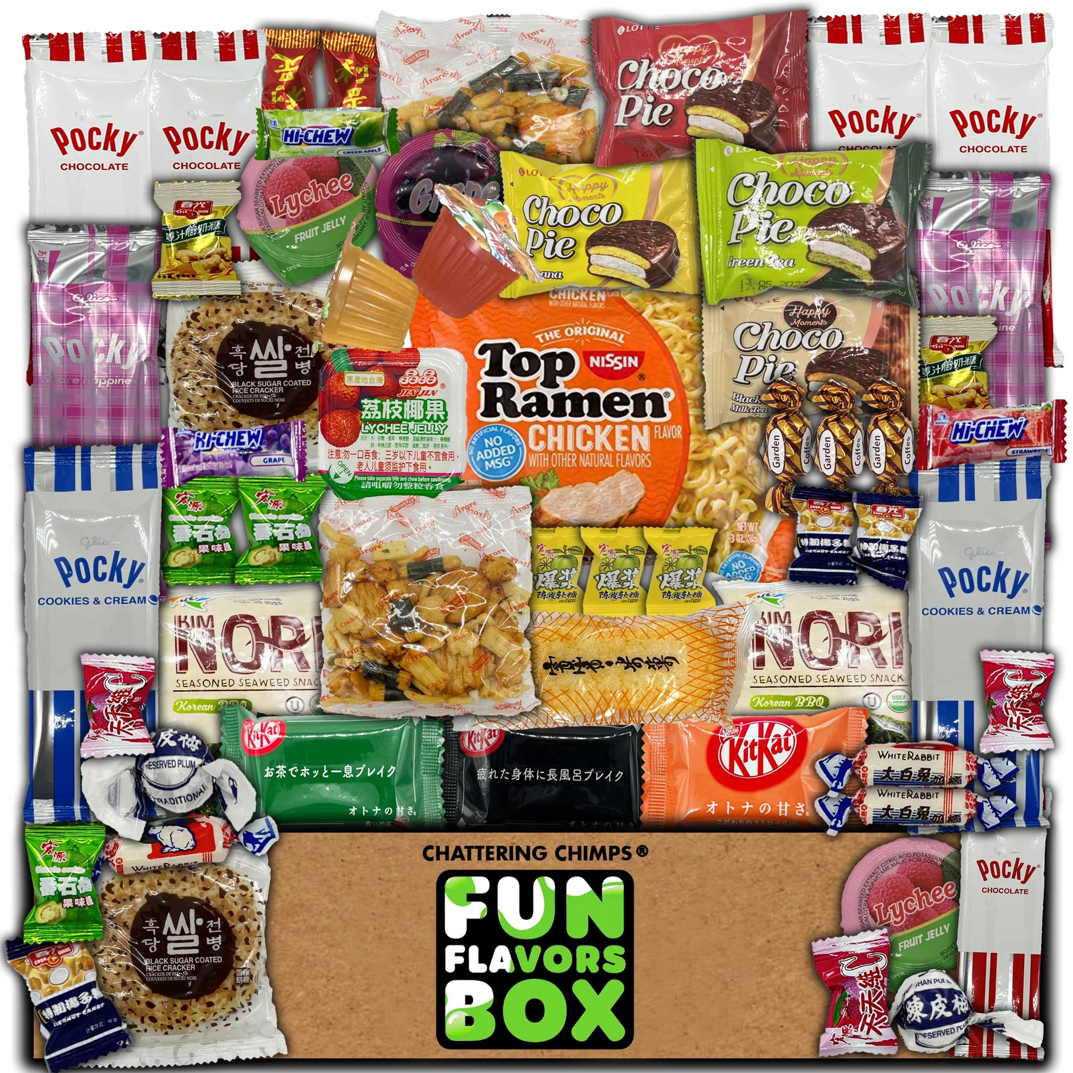 Fun Flavors Box Asian Snacks and Candy Care Package 50 Count Variety Pack - Discover the Best of Japanese, Korean, and Chinese Snacks and Treats Gift Box