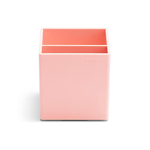 Poppin Pen Holder with 2 Compartments - Sturdy Plastic Pen Holder for Desk, Lacquer-like Finish, Writing Instrument Desk Organizer, Coordinating Office Desk Accessories (Blush Pink)