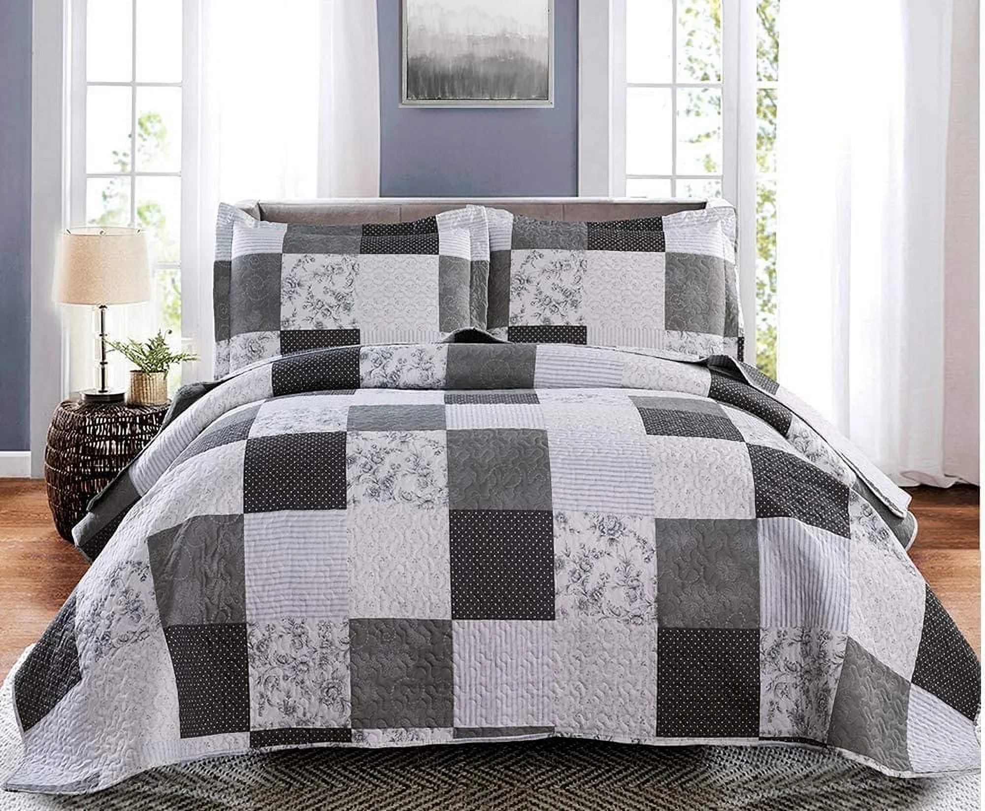 Jessy Home Quilt Set King Size Floral Bedspread Coverlet Black White Grey Plaid Patchwork Quilt Microfiber All Season Bedding