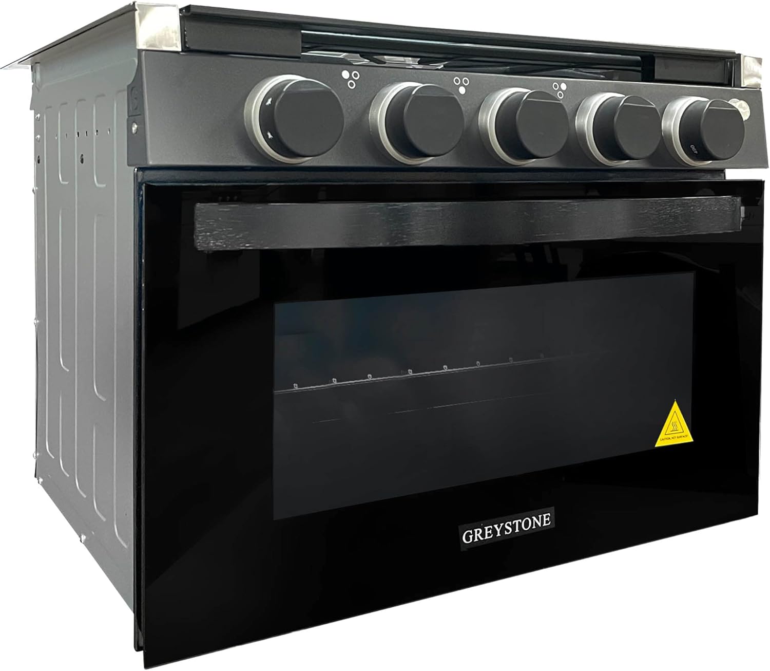 Greystone, 21 Inch RV Gas Range, Stove and Oven Combo, 12 Volt, LP, 3 Burners, Stainless Steel Trim with Black Fixtures