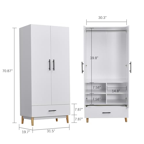 Armoire Wardrobe Closet Wood: 2 Drawers 2 Door Wardrobe Cabinet White with Large Capacity with Hanging Rod Handles for Bedroom Tall Armoire Storage Cabinet 31.5