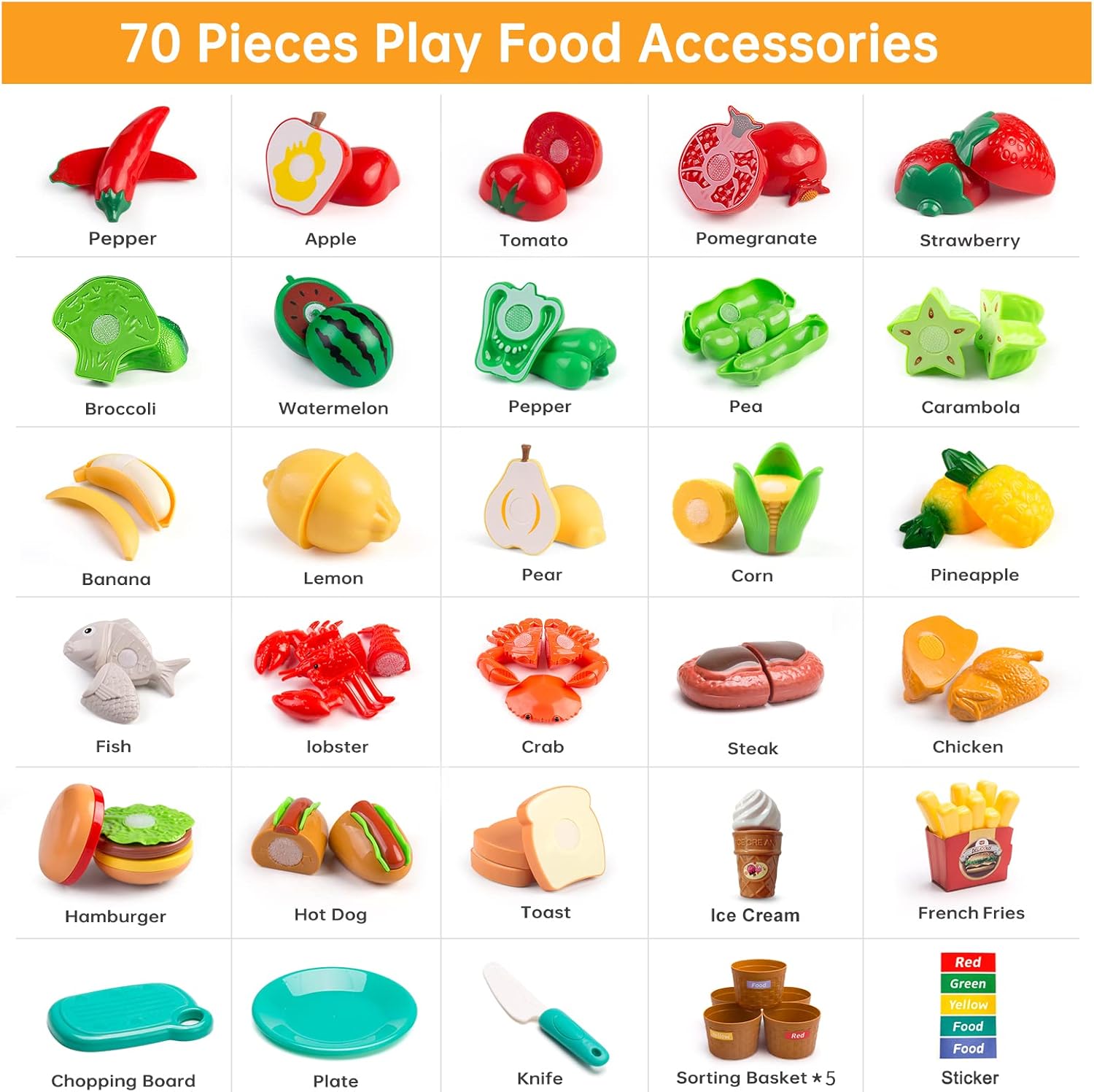 Color Sorting Play Food Set - 70 Pieces, 3+ Ages Cutting Pretend Food Play Toys for Toddlers, Girls and Boys, Play Kitchen Accessories for Kids