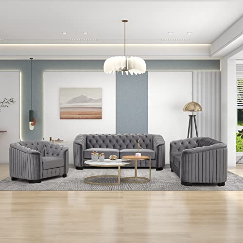 3 Piece Living Room Set, Velvet Chesterfield Sofa Loveseat Couch Chair Set 3-Seat Sofa Couches Set of 3 with Button and Nailhead Grey