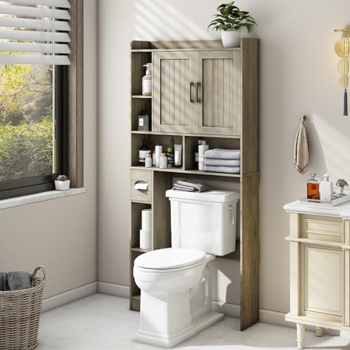 Over The Toilet Storage Cabinet, Farmhouse Storage Cabinet Over Toilet with Sliding Doors，Home Space-Saving Toilet Rack, for Bathroom, Restroom, Laundry