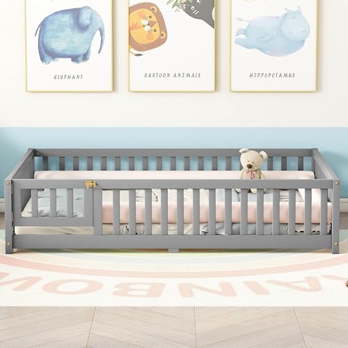 Full Size Montessori Floor Bed with Safety Fence and Door, Solid Wooden Kid Toddler Bedframe, Floor-Bed-Frame for Children Bedroom, Boys Girls, Kids Playroom, Gray