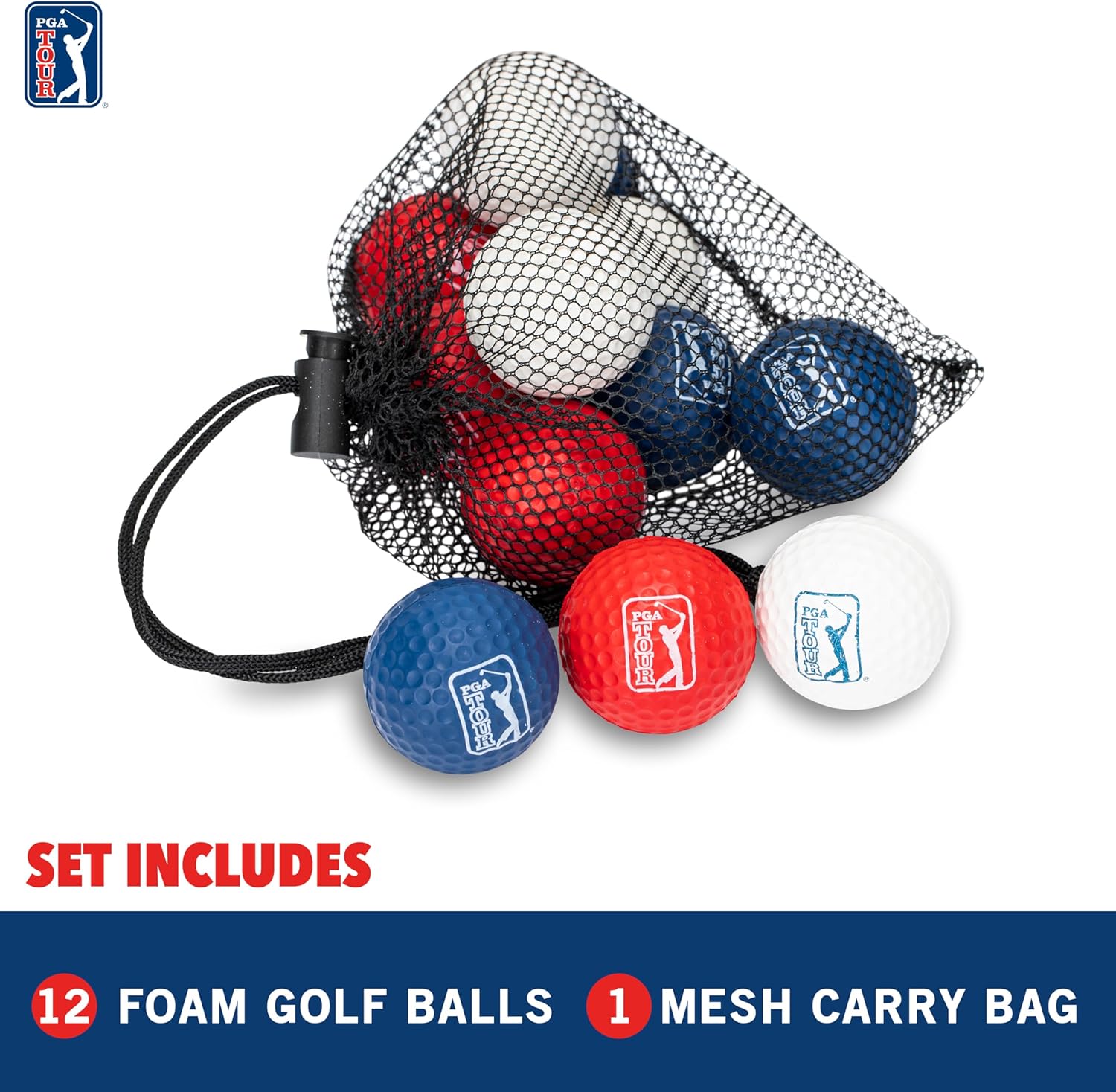 Franklin Sports Indoor + Outdoor Foam Practice Golf Balls - PGA Tour Kids + Adults Practice Soft Foam Golf Balls - Limited Flight Soft Golf Balls - 12 Pack of Golf Balls with Draw String Carry Bag
