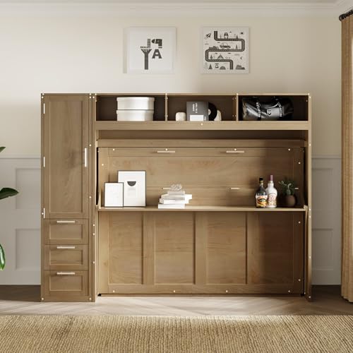 Full Size Murphy Bed Wall Bed with Wardrobe, 3 Drawers and 3 Open Top Shelves, Wooden Murphy Bed Chest with a Long Shelf, Platform Bed Frame Folds into Cabinet, Space-Saving Design (Antique Grey)