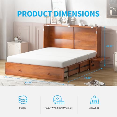 Mjkone Murphy Bed Cabinet, Murphy Bed with Large Storage Drawers，Murphy Bed Queen with Built-in Charging Station, Chest Bed with Mattress,Murphy Cube Chest Bed for Guest Room Bedroom Office, Gray