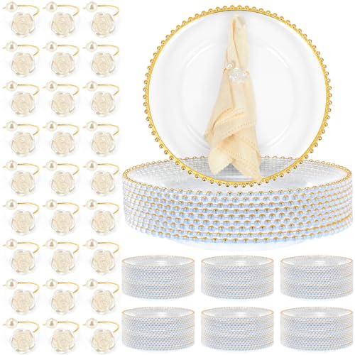 Tioncy 100 Pcs Clear Charger Plates Bulk Beaded Charger Plates and Napkin Rings 13 Inch Plastic Round Chargers for Dinner Plates Wedding Party Event Table Decoration(Gold)