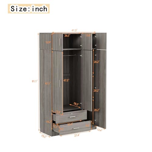 6-Door Armoire Wardrobe Closet with Mirror, 2 Drawers Wooden Armoire Closet Cabinet for High Storage Capacity, Bedroom Armoires with 1 Hanging Rod 41.3