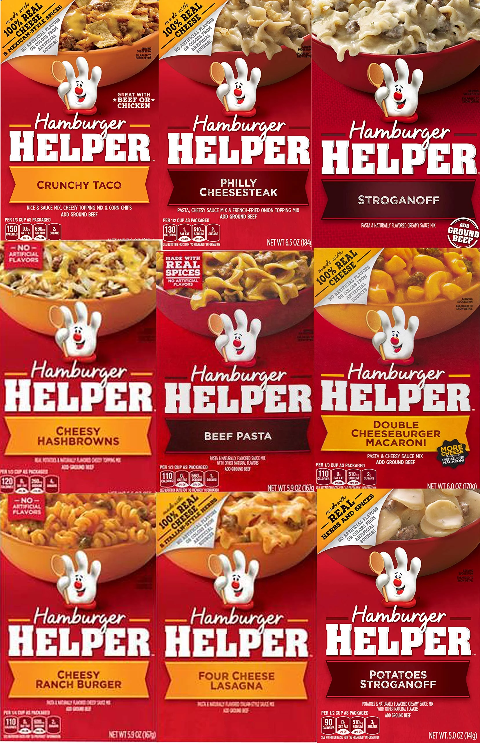 Hamburger Helper Variety Pack Of 9-Crunchy Taco, Philly Cheesesteak, Stroganoff, Cheesy Hashbrowns,Beef Pasta, Double Cheeseburger Mac, Cheesy Ranch Burger, 4 Chs Lasagna (9 Pack)