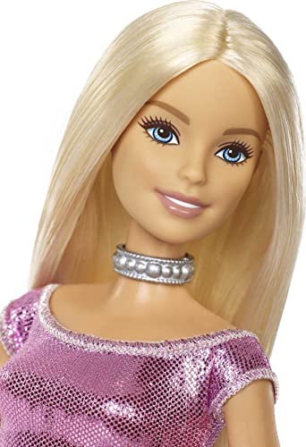 Barbie Happy Birthday Doll with Blonde Hair and Blue Eyes, Pink Glitter Party Dress, and Silvery Accessories