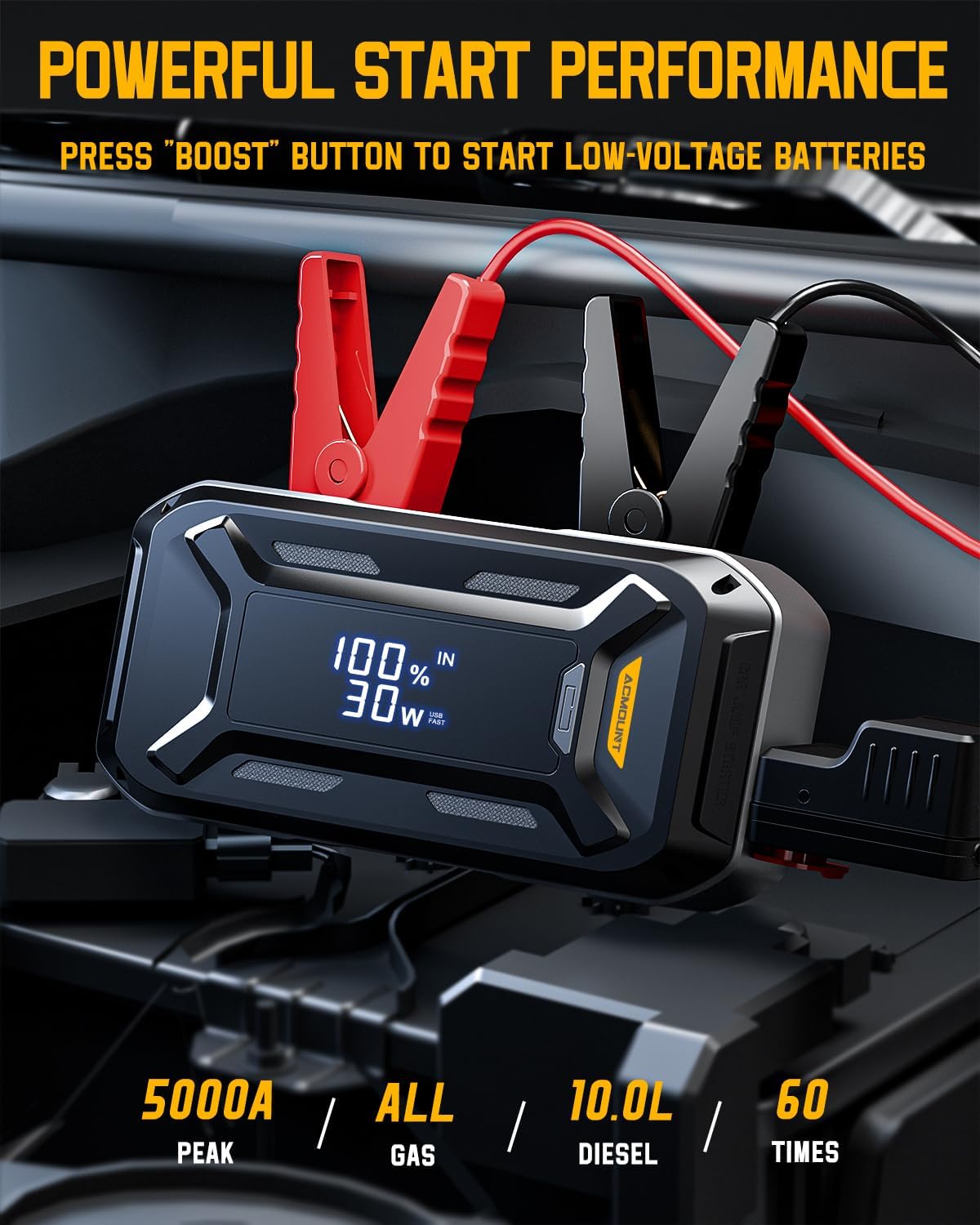 Car Jump Starter, 5000A Peak Car Battery Jump Starter (All Gas/10.0L Diesel Engine), 12V Portable Car Jump Starter Battery Pack with 3” LCD Display, USB Quick Charge and LED Light