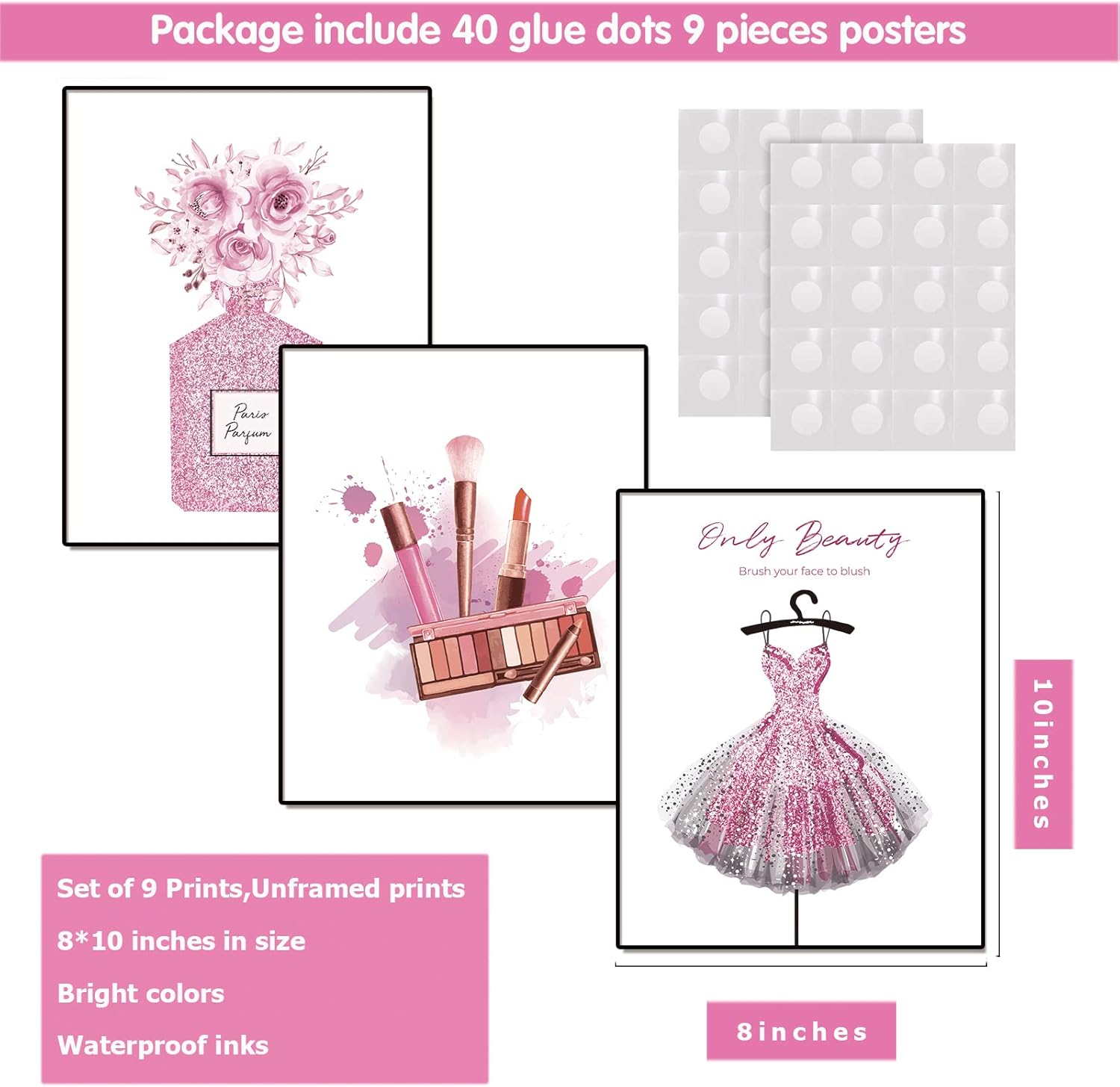 DRBLUEB Pink Flower Perfume Fashion Paris Wall Art Prints Set of 9 High Heels Lipstick Dress Wall Pictures Art Posters Wall Decor for Girls Bedroom Makeup Art Women Room 8''x10'' UNFRAMED, LXM0004-2